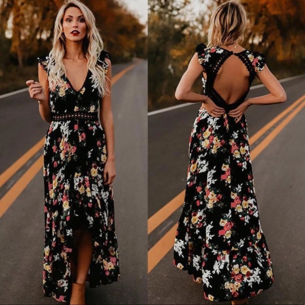 Ana’s Open Back Floral Print Dress-Black NEW!